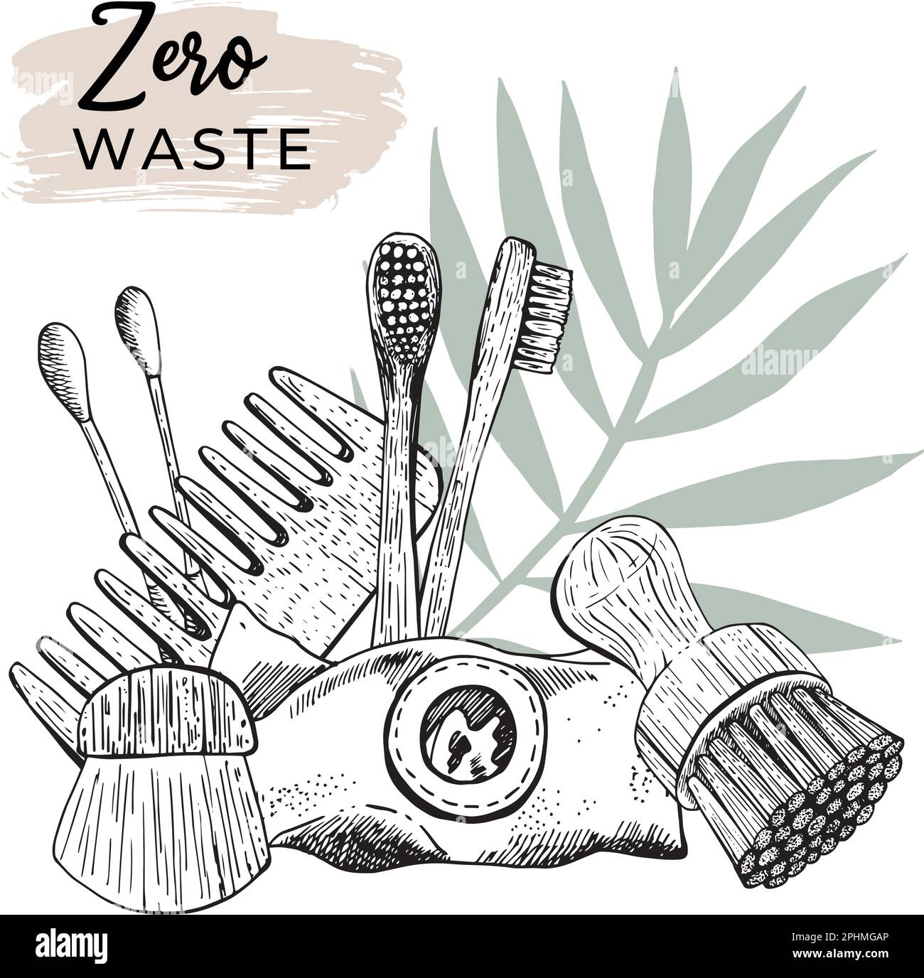 Zero waste bathroom accessories set: wooden comb, jute washcloth, bamboo toothbrush, organic soap, pumice, lipstick, loofah, Reusable eco-friendly hyg Stock Vector