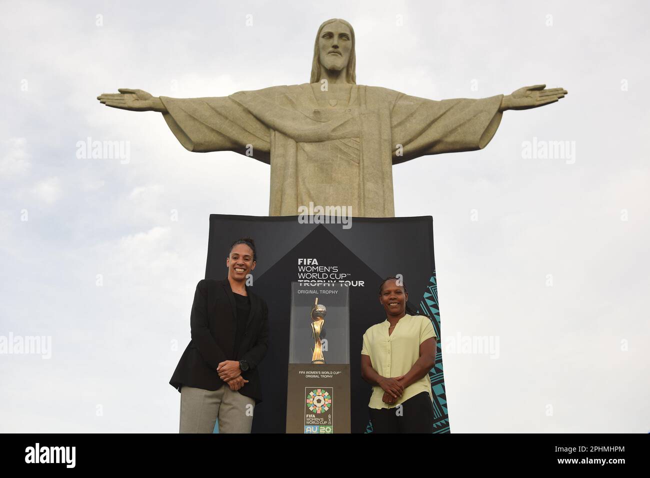 Rio De Janeiro, Brazil. 29th Mar, 2023. RIO DE JANEIRO (RJ), 03/29/2023 - SPORT/FOOTBALL/BRAZIL/TROPHY - Presentation of the FIFA Women's World Cup Australia New Zealand 2023 trophy to Brazilians, in a ceremony held at the Cristo Redentor Sanctuary, a traditional tourist spot in Rio, on the morning of this Wednesday (29). The event was attended by legends of women's football, such as Formiga, Aline Pellegrino and the coach of the Brazilian national team, Pia Sundhage. 31119 (Alexandre Brum/Ag. Enquadrar/SPP) Credit: SPP Sport Press Photo. /Alamy Live News Stock Photo
