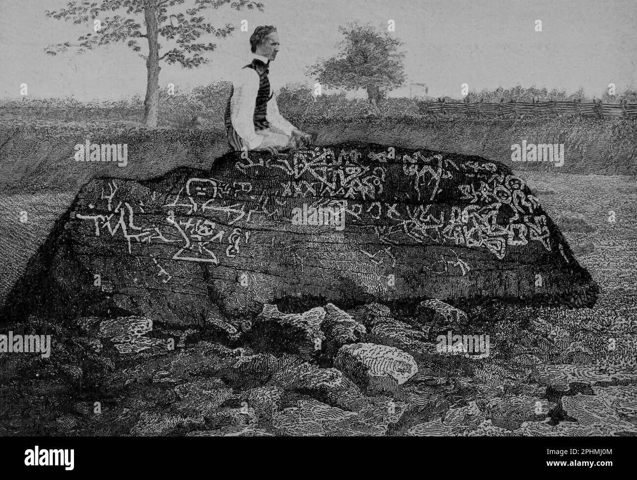 Indian Symbols on Dighton Rock, Near Taunton, Mass from the book ' The Song of Hiawatha ' by Longfellow, Henry Wadsworth, 1807-1882 Publication date 1898 Publisher Chicago, S. C. Andrews Stock Photo