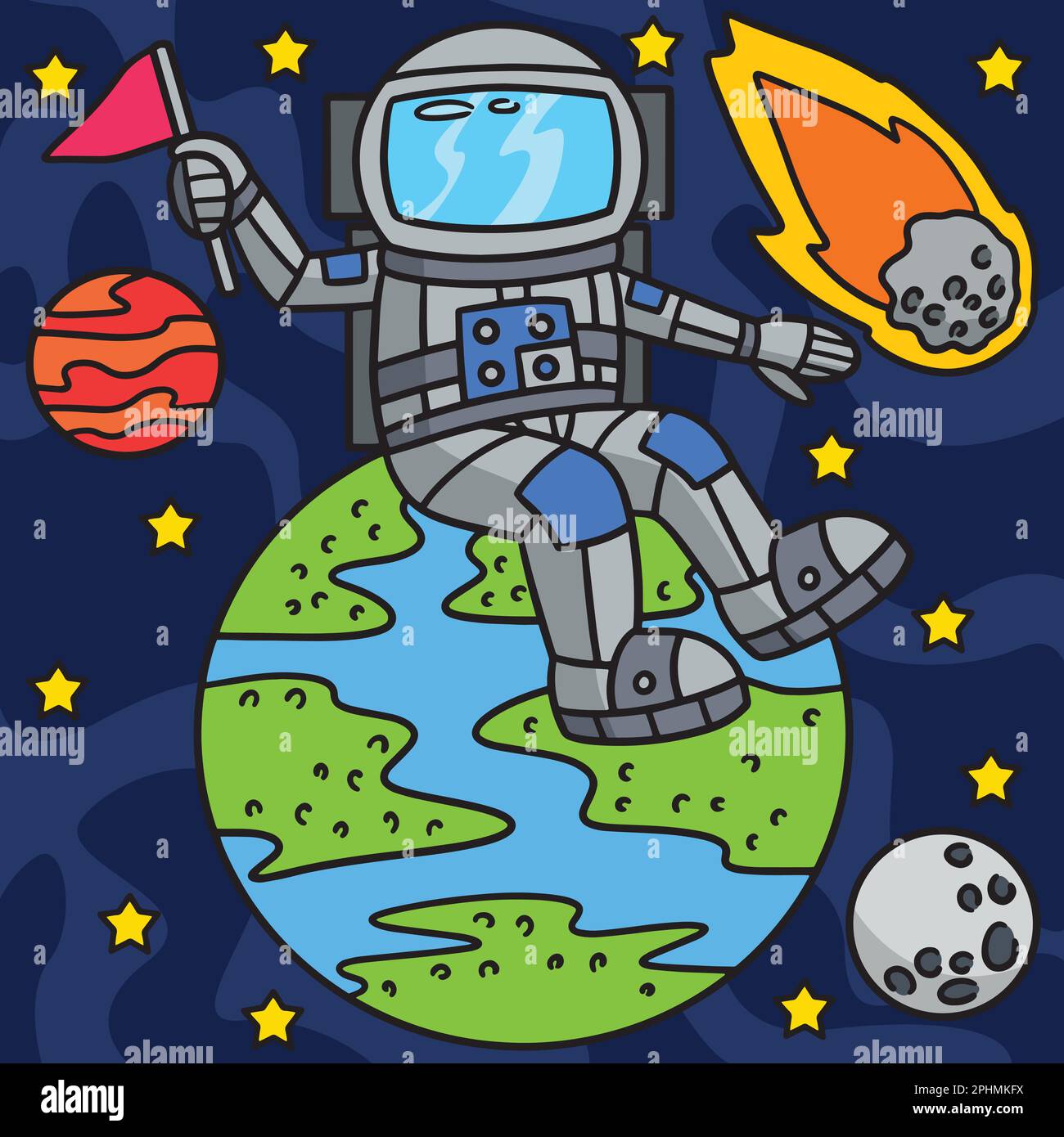 Astronaut Sitting On Earth Colored Cartoon  Stock Vector