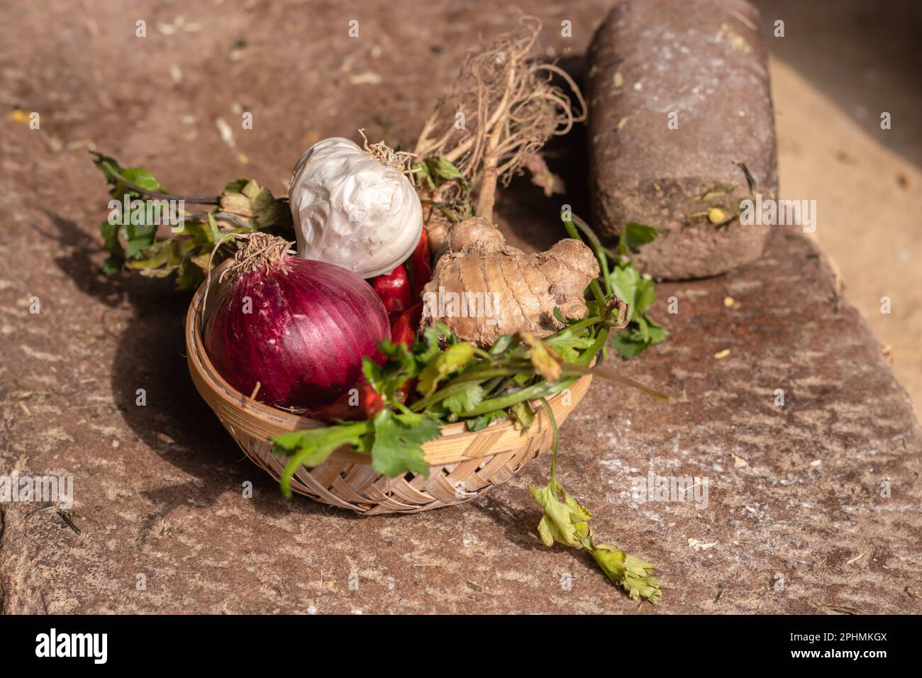 fresh mix vegetables from farm in bamboo bowl from top angle at day Stock Photo