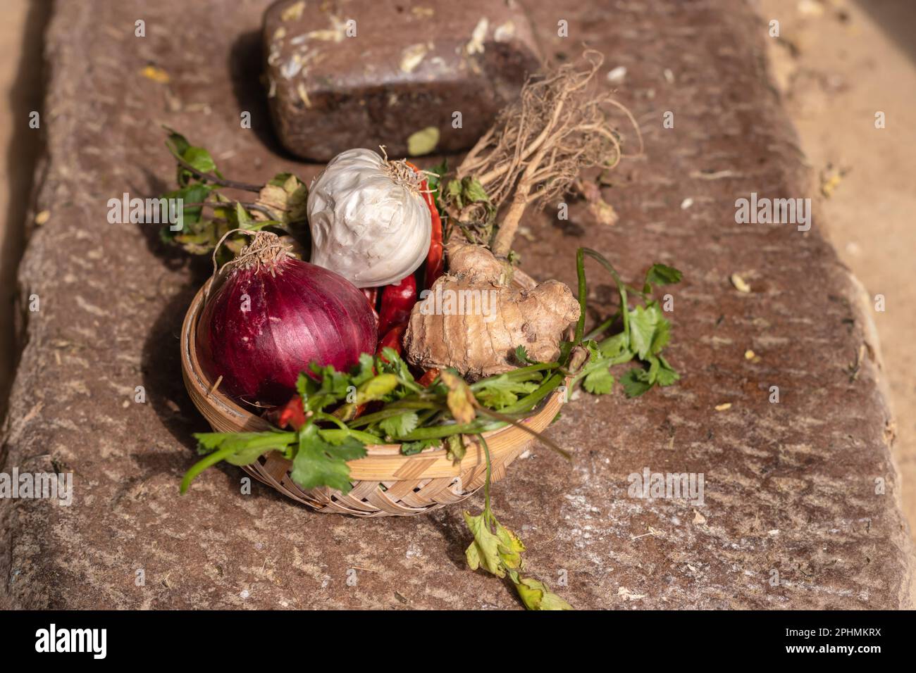 fresh mix vegetables from farm in bamboo bowl from top angle at day Stock Photo