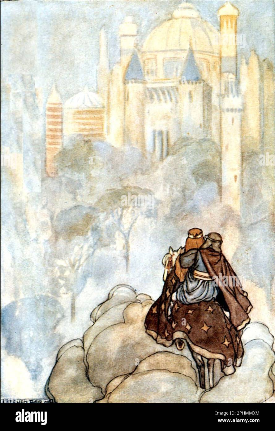 Tír na nÓg  - Land of Youth  -  a Celtic myth in an  illustration by Scottish artist Stephen Reid from a 1910 book showing Oisin and Niamh approaching the Land of Youth. Stock Photo