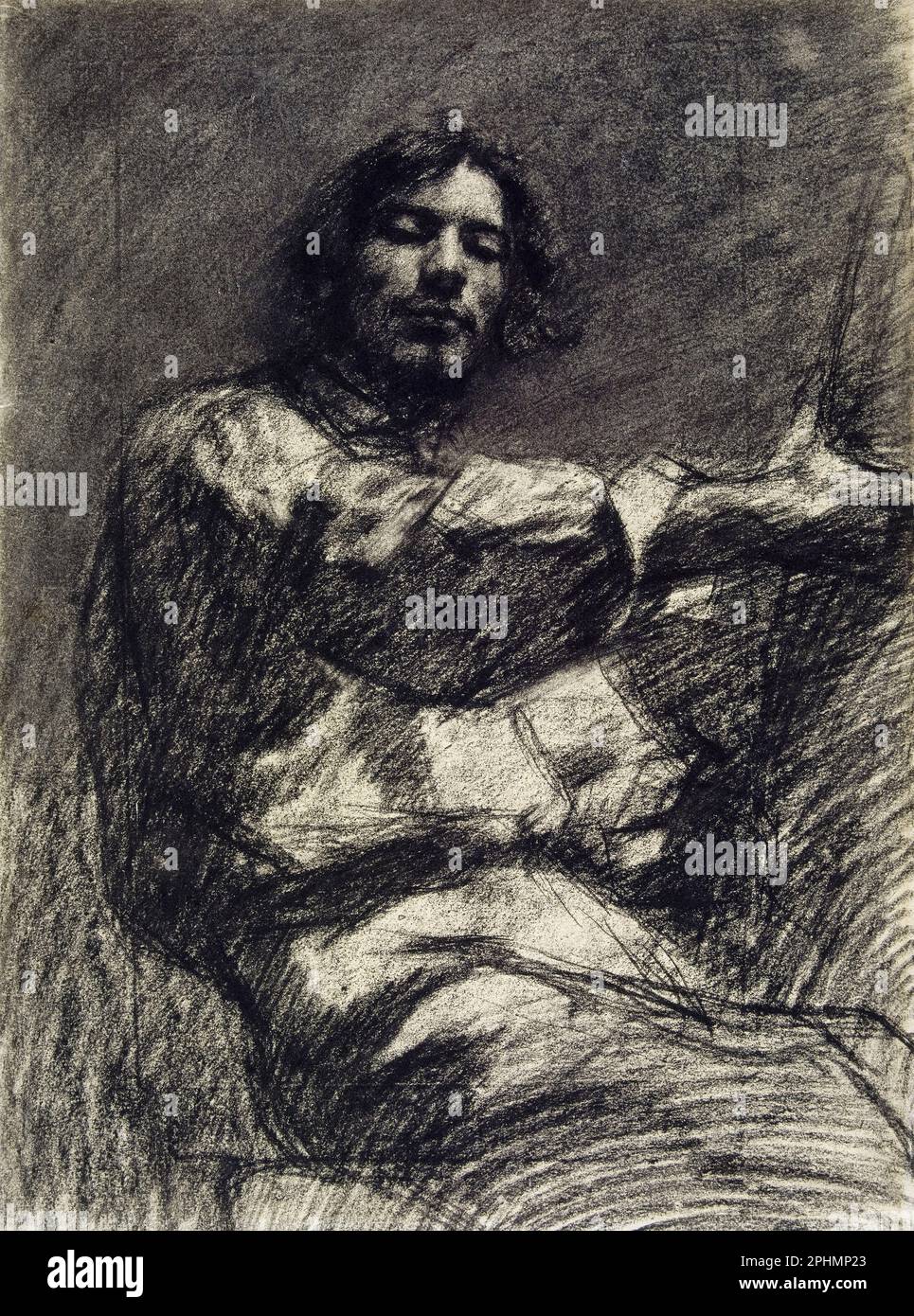 Gustave Courbet (1819-1877), Young Man Sitting: Study, Self-Portrait known as 'At the Easel', charcoal drawing circa 1847 Stock Photo
