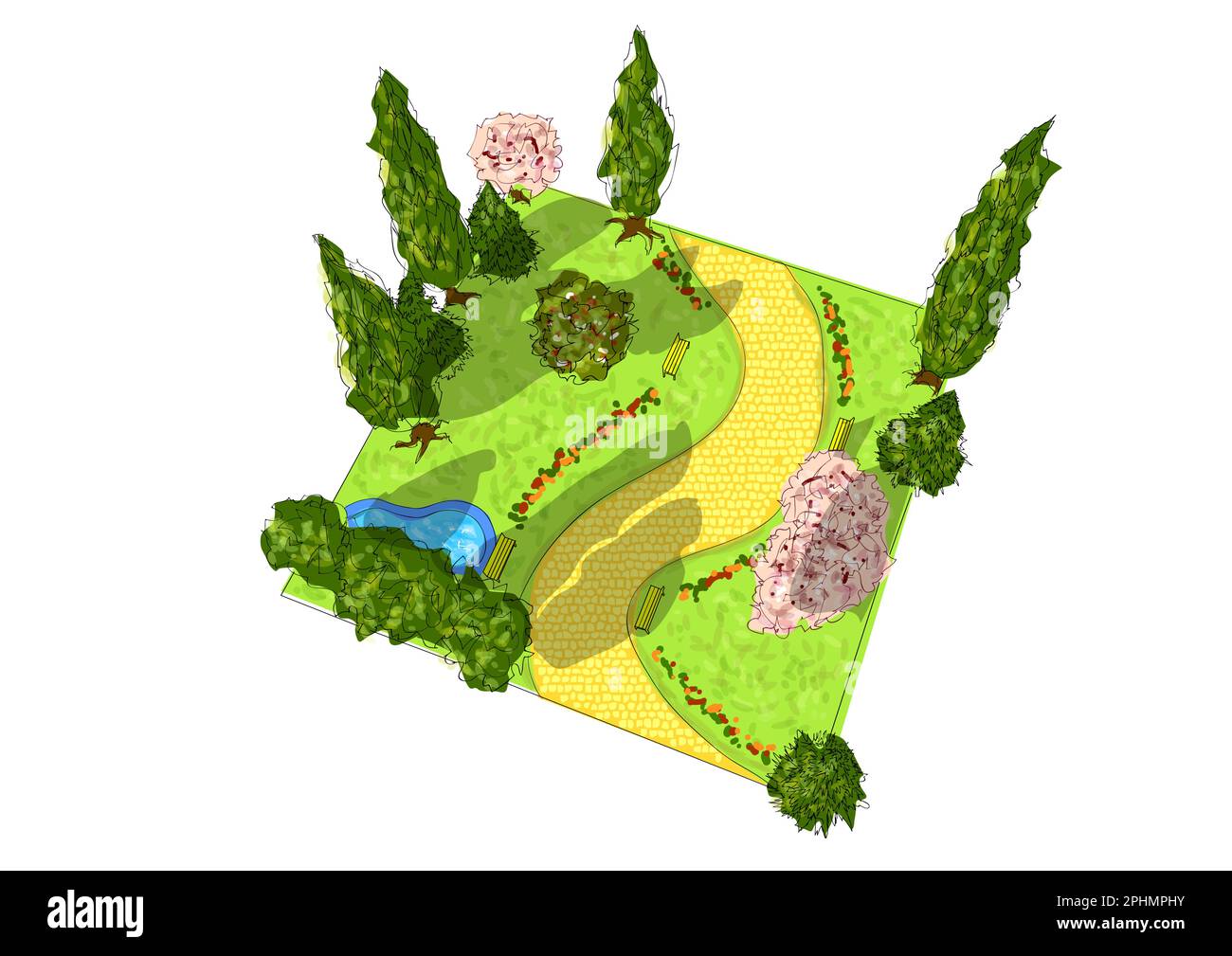 garden vector  illustration with trees and flowers Stock Vector
