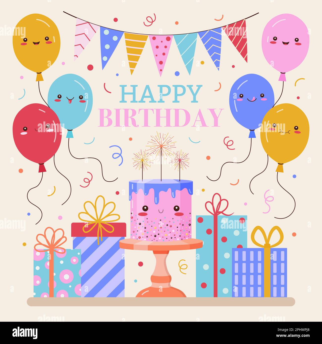 Happy Birthday Card with Cute Kawaii Cake Stock Vector Image & Art Alamy