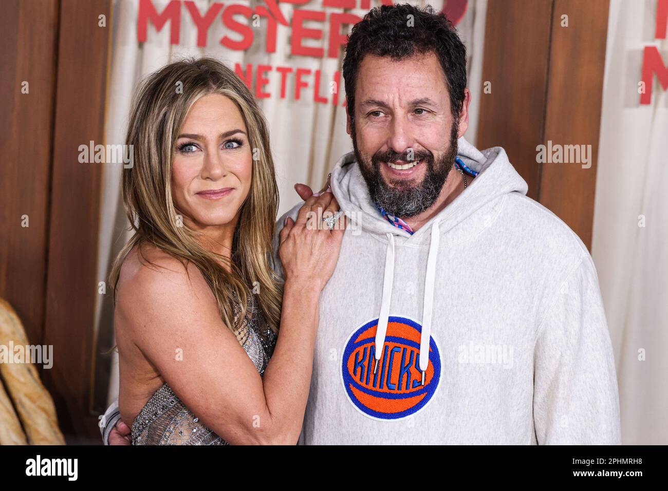 Westwood, United States. 28th Mar, 2023. WESTWOOD, LOS ANGELES, CALIFORNIA, USA - MARCH 28: Jennifer Aniston and Adam Sandler arrive at the Los Angeles Premiere Of Netflix's 'Murder Mystery 2' held at the Regency Village Theatre on March 28, 2023 in Westwood, Los Angeles, California, United States. (Photo by Xavier Collin/Image Press Agency) Credit: Image Press Agency/Alamy Live News Stock Photo