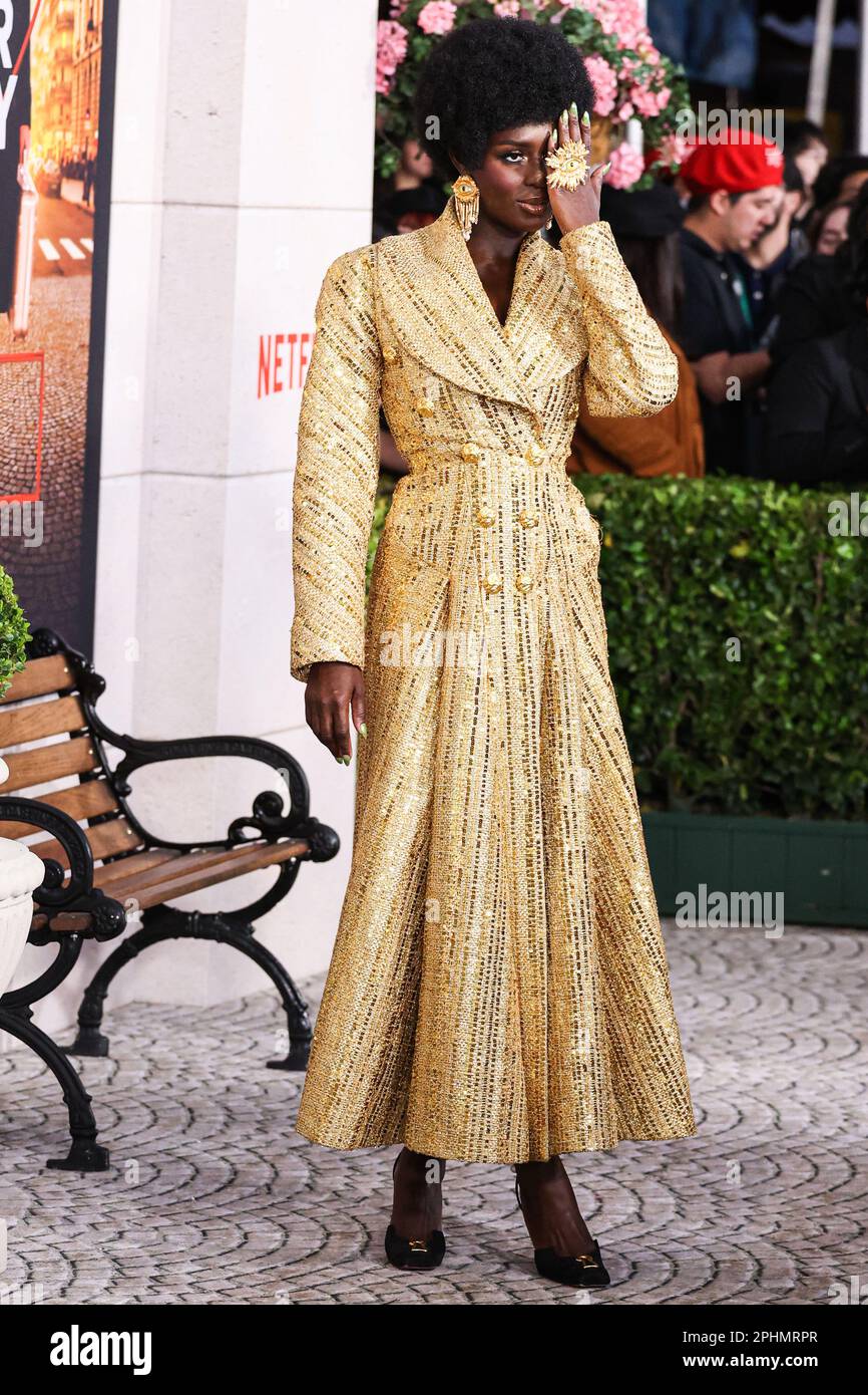 Westwood, United States. 28th Mar, 2023. WESTWOOD, LOS ANGELES, CALIFORNIA, USA - MARCH 28: British actress and model Jodie Turner-Smith wearing Schiaparelli arrives at the Los Angeles Premiere Of Netflix's 'Murder Mystery 2' held at the Regency Village Theatre on March 28, 2023 in Westwood, Los Angeles, California, United States. (Photo by Xavier Collin/Image Press Agency) Credit: Image Press Agency/Alamy Live News Stock Photo