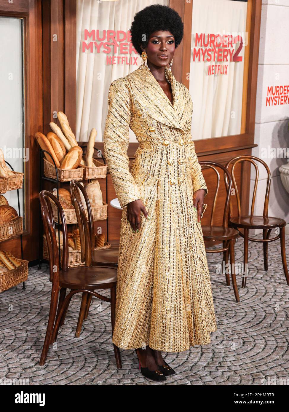 WESTWOOD, LOS ANGELES, CALIFORNIA, USA - MARCH 28: British actress and model Jodie Turner-Smith wearing Schiaparelli arrives at the Los Angeles Premiere Of Netflix's 'Murder Mystery 2' held at the Regency Village Theatre on March 28, 2023 in Westwood, Los Angeles, California, United States. (Photo by Xavier Collin/Image Press Agency) Stock Photo