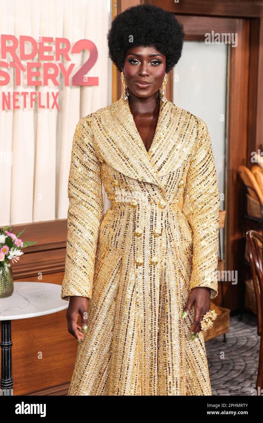 Westwood, United States. 28th Mar, 2023. WESTWOOD, LOS ANGELES, CALIFORNIA, USA - MARCH 28: British actress and model Jodie Turner-Smith wearing Schiaparelli arrives at the Los Angeles Premiere Of Netflix's 'Murder Mystery 2' held at the Regency Village Theatre on March 28, 2023 in Westwood, Los Angeles, California, United States. (Photo by Xavier Collin/Image Press Agency) Credit: Image Press Agency/Alamy Live News Stock Photo