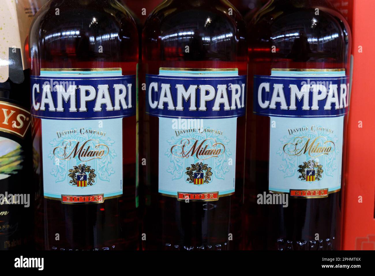 Tyumen, Russia-March 17, 2023: Campari liqueur in the store. Invented in 1860 by Gaspare Campari in Novara, Italy. Stock Photo