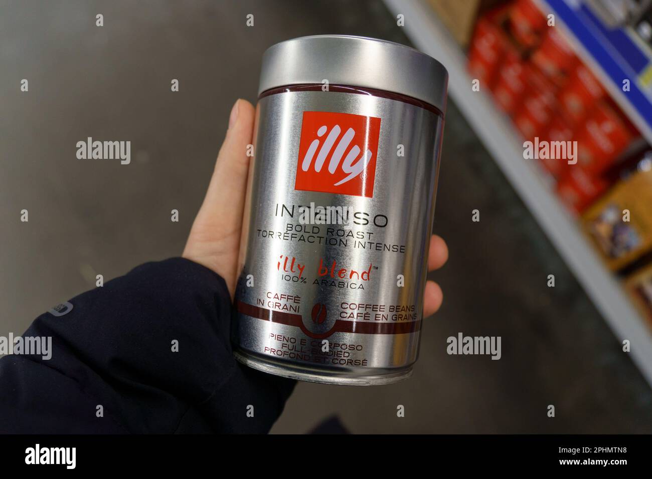 Tyumen, Russia-March 17, 2023: Illy Intenso coffee in a can. A unique method of storing coffee is used pressurization. Stock Photo