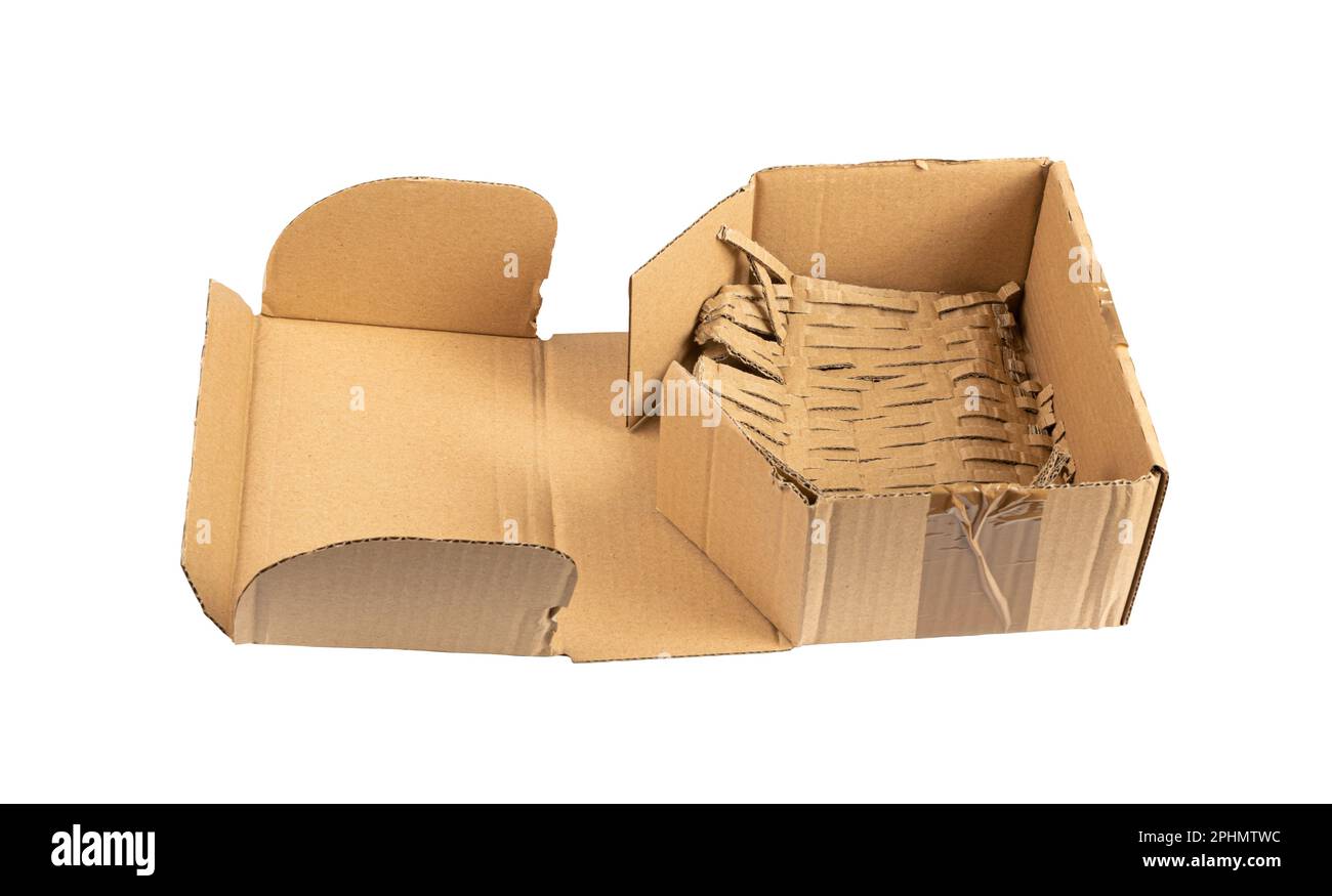 Used Open Box Isolated, Craft Paper Delivery Package, Old Carton Packaging, Used Cardboard Box on White Background Stock Photo