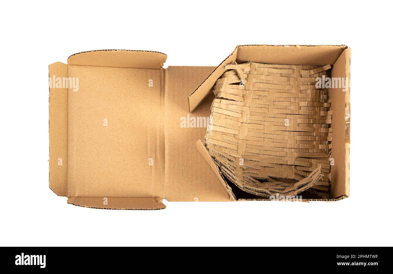 Used Open Box Isolated, Craft Paper Delivery Package, Old Carton Packaging, Used Cardboard Box on White Background Stock Photo