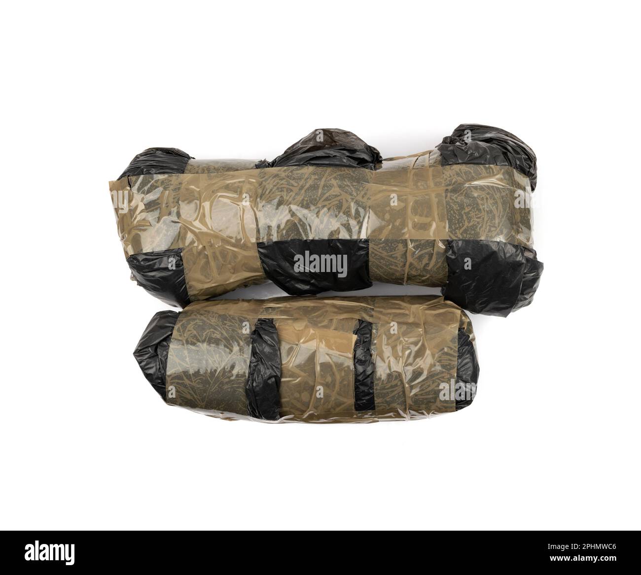 Seized drug bag isolated. Drugs package, heroin bricks, cocain pack, smuggling, drugs trafficking on white background Stock Photo