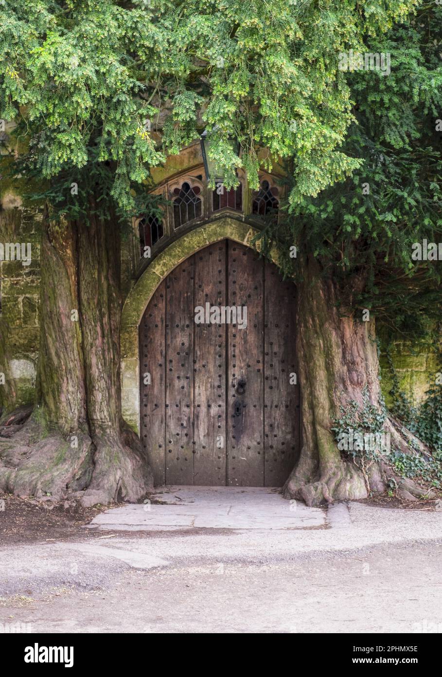 Famous historic church door at St Edwards, Stow-on-the-Wold, Gloucestershire Stock Photo