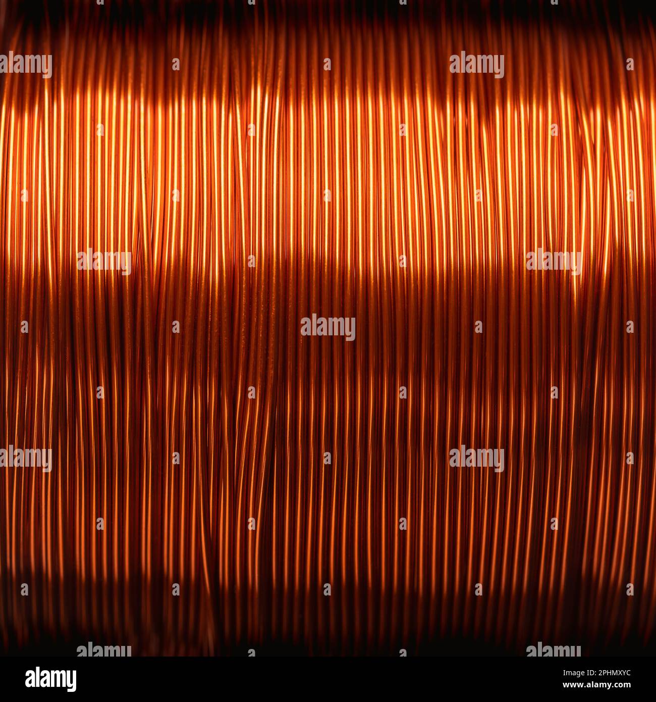 Copper wire, enamelled, on a coil, close up. Double coated and insulated copper winding wire on