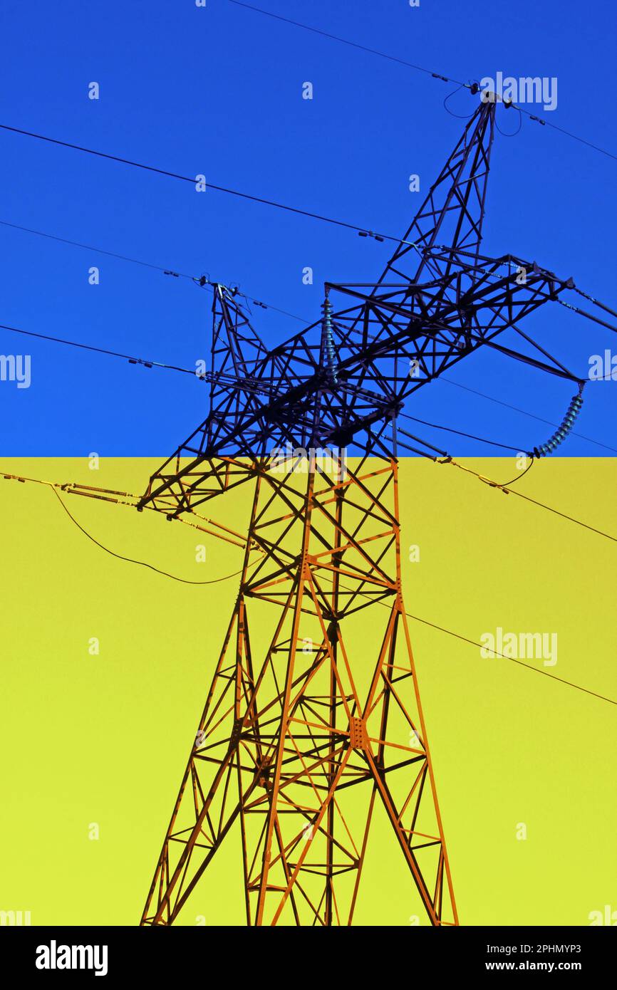 view on electricity pylon against flag of Ukraine Stock Photo