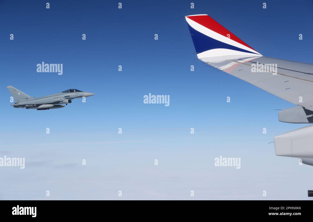 A German Airforce Eurofighter Typhoon escorts the aircraft carrying King Charles III and the Queen Consort, through German Airspace, as they travel towards Berlin for their State Visit to Germany. Picture date: Wednesday March 29, 2023. Stock Photo