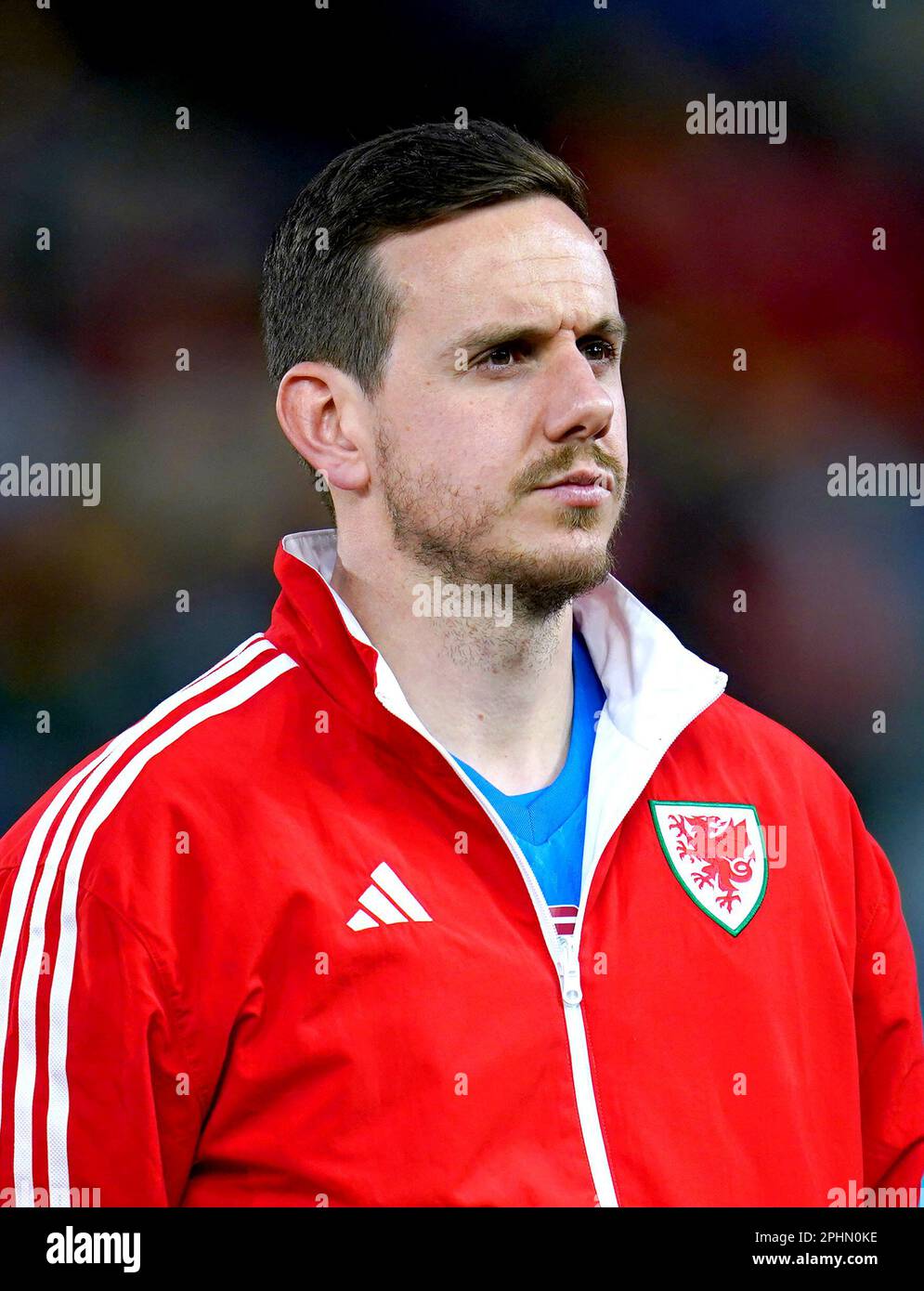 Wales goalkeeper Danny Ward lines up on the pitch ahead of the UEFA