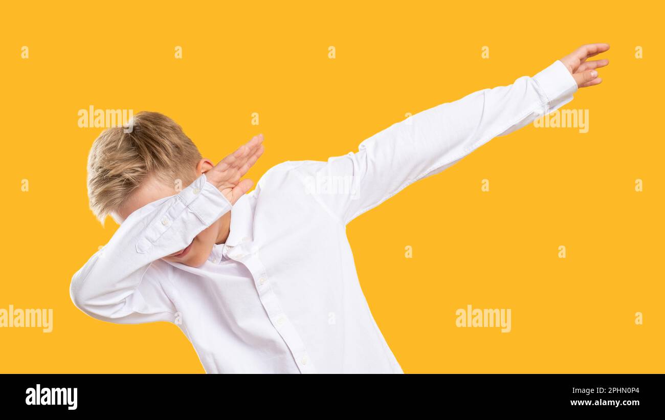 dab gesture amused boy raising arms dropping head Stock Photo Alamy