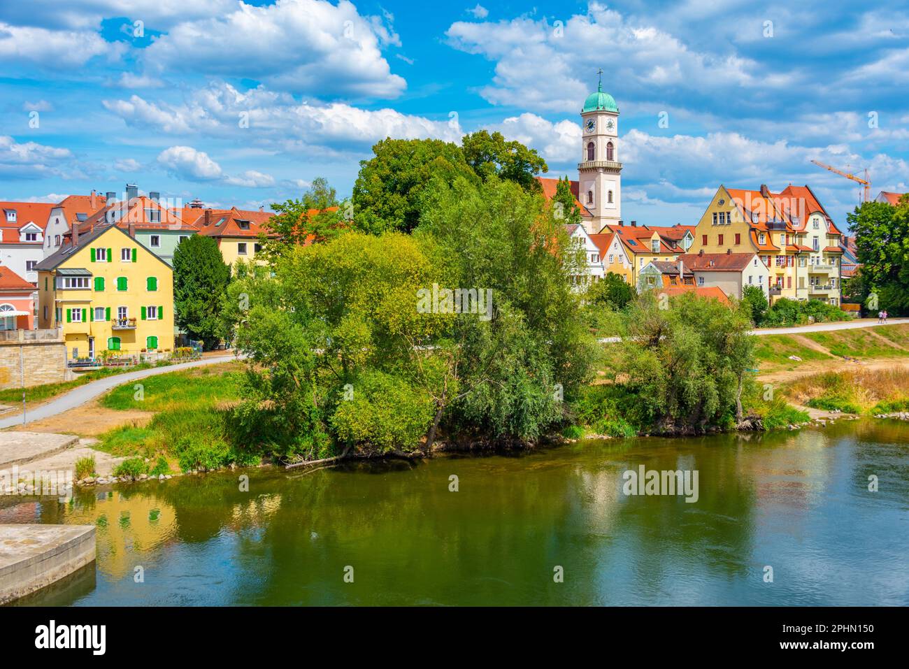 Colorful houses at waterfront of Danube river in Regensburg, Germany
