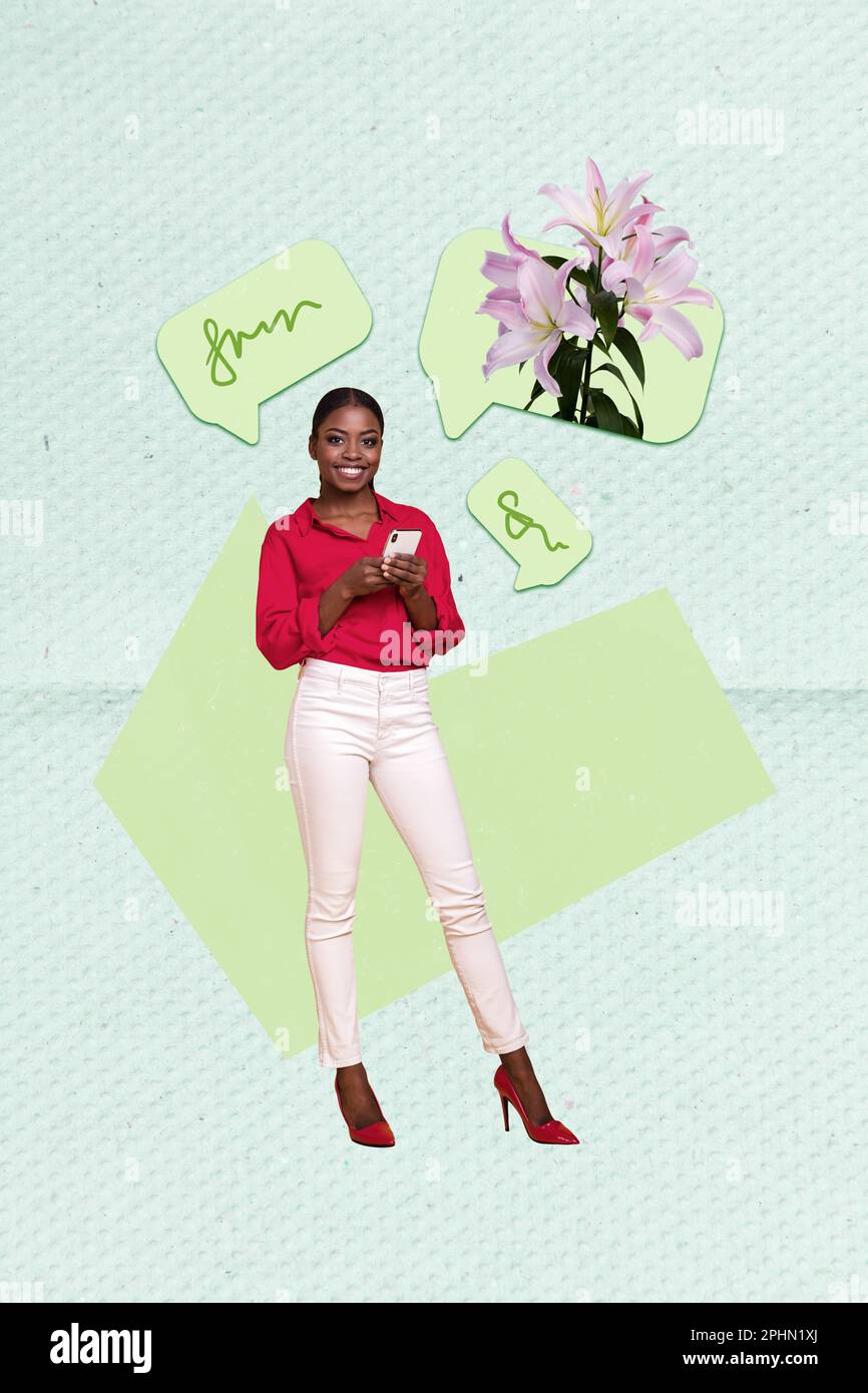 Creative retro 3d magazine collage image of smiling lady online order