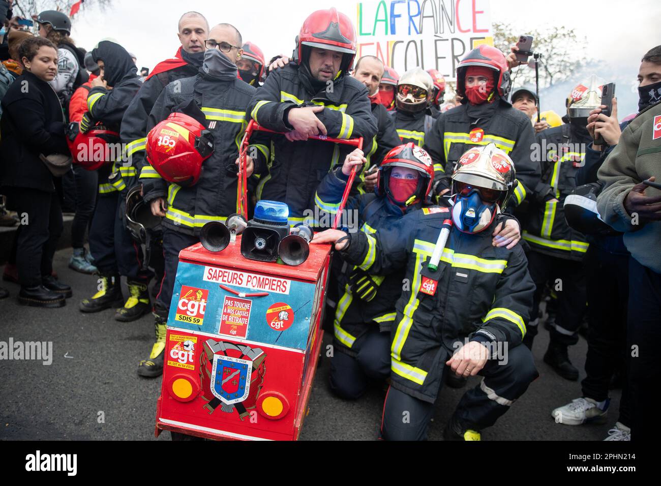 PARIS, France. 28th Mar, 2023. Firefighters in uniform join the mass demonstration in Paris over pension reform. President Macron wants to introduce a bill which will raise the retirement age from 62 to 64. Credit: Lucy North/Alamy Live News Stock Photo