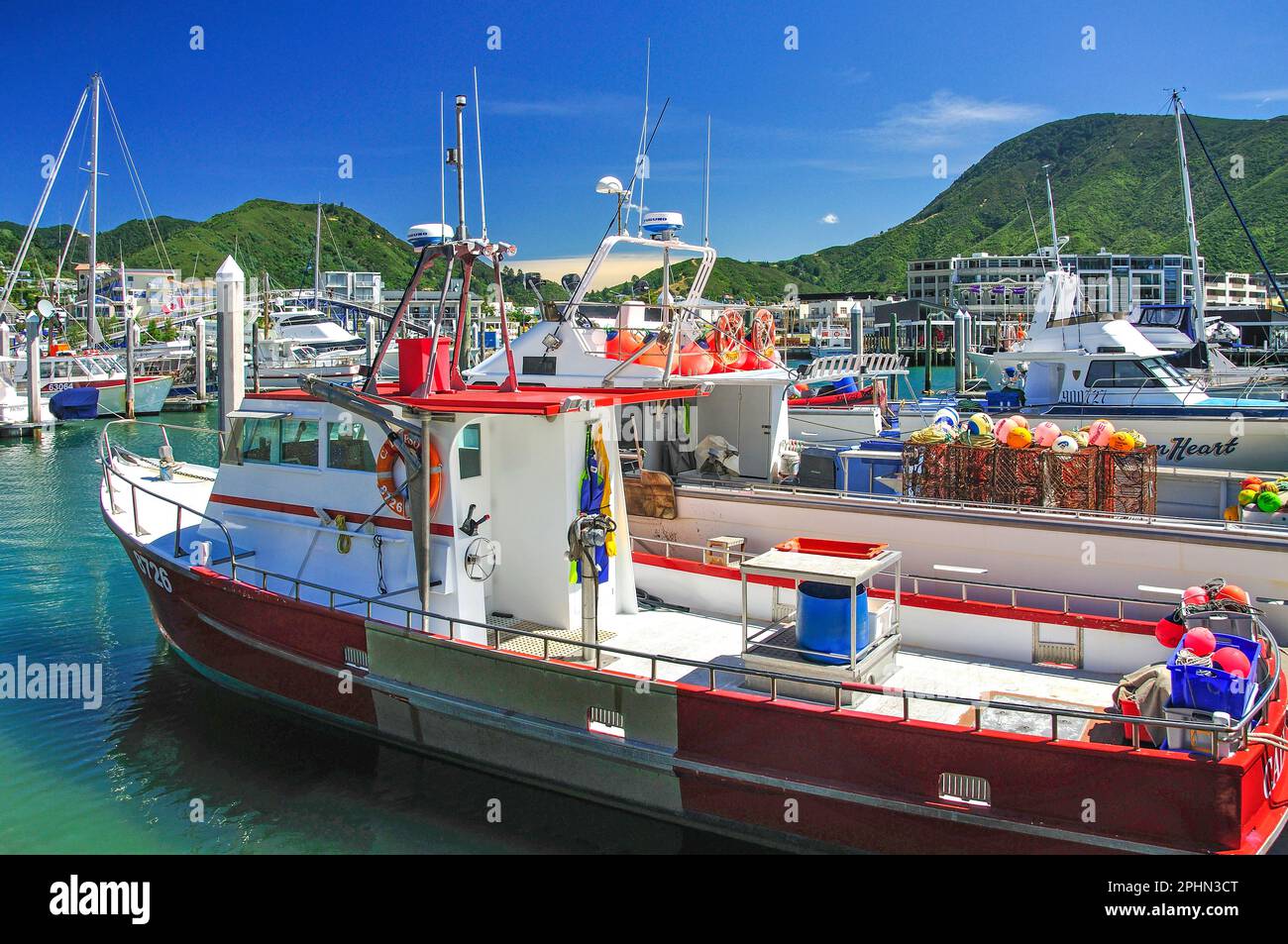 Fishing boat in harbour, Picton, Queen Charlotte Sound, Marlborough Sounds, Marlborough Region, South Island, New Zealand Stock Photo