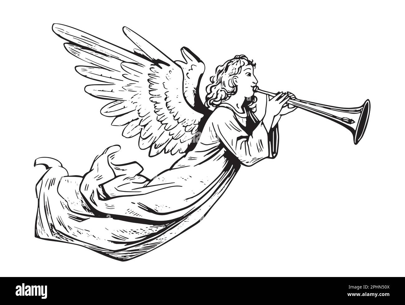 Angel flying and playing on the pipe hand drawn sketch illustration Stock Vector
