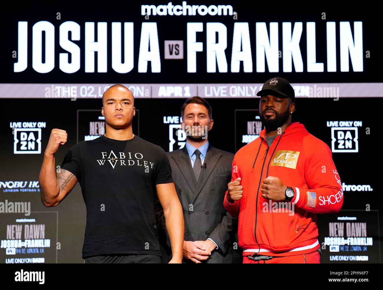 Boxing promoter Eddie Hearn stands in the centre of Fabio Wardley (left) and Michael Polite Coffie during a press conference at Nobu Hotel London Portman Square, London. Picture date: Wednesday March 29, 2023. Stock Photo