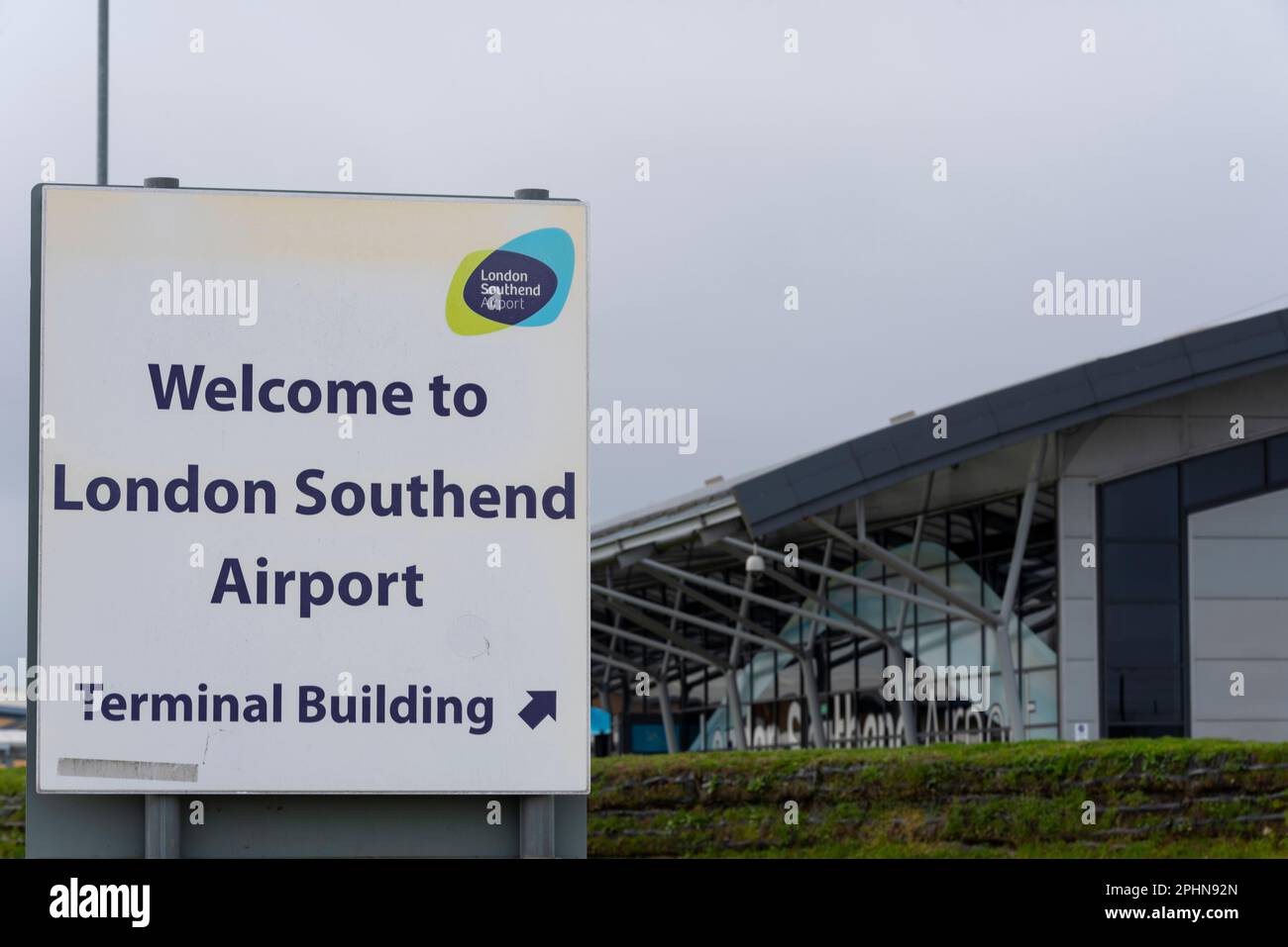London Southend Airport terminal building and sign, Southend on