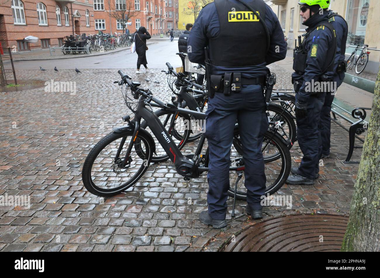 Copenhagen /Denmark/29 March 2023/ Danish police patrol on bike in city