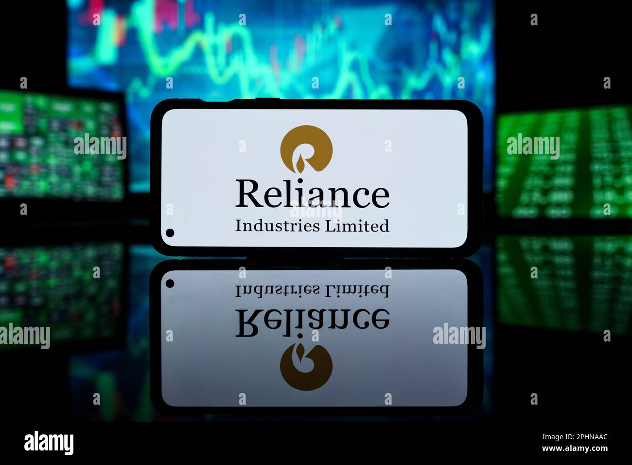 Reliance industries company on stock market. Reliance industries financial success and profit Stock Photo