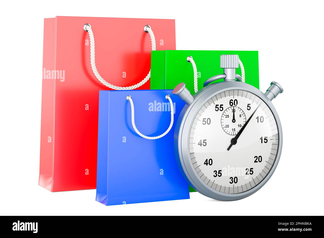 Shopping bags with stopwatch, 3D rendering isolated on white background ...