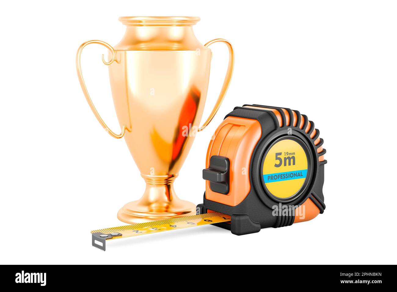 Tape measure with gold trophy cup award, 3D rendering isolated on white