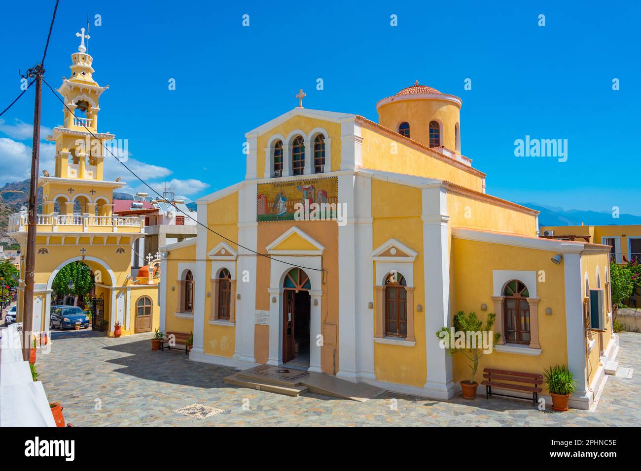 Church of Evangelistria at Greek town Palaiochora at Crete island. Stock Photo