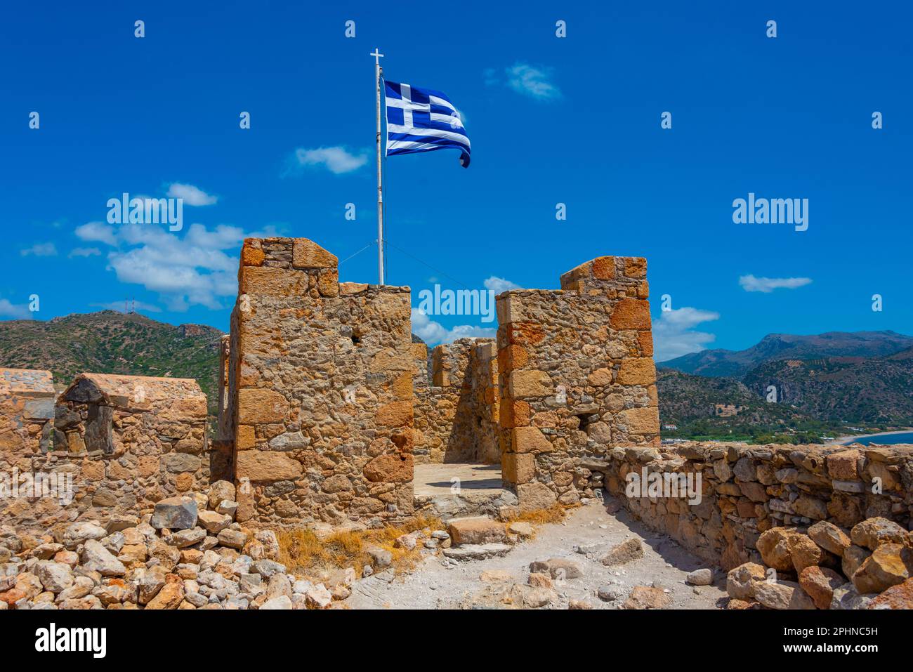Castel Selino at Greek town Palaiochora. Stock Photo