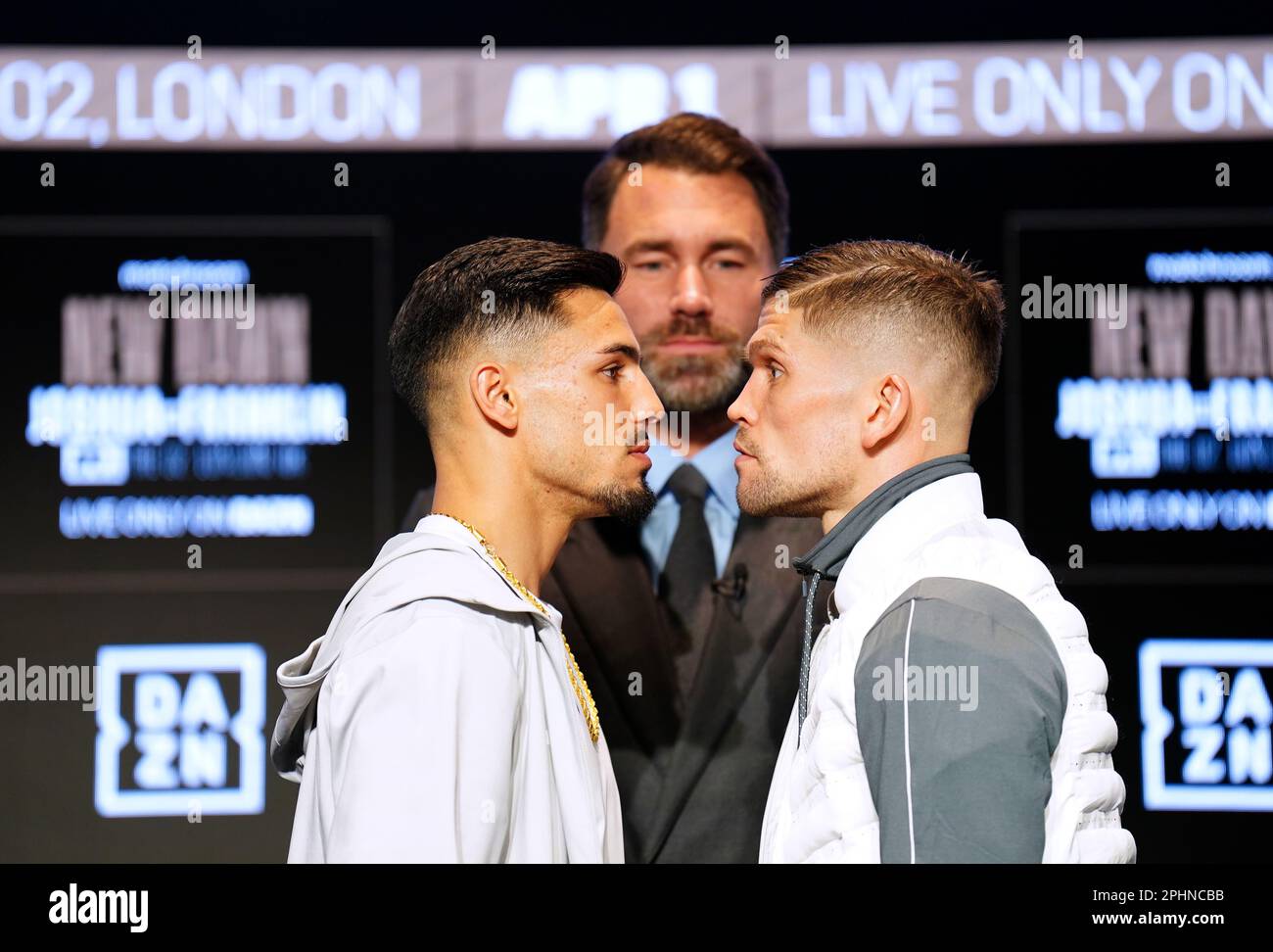 Jordan Flynn (left) and Kane Baker face off during a press conference at Nobu Hotel London Portman Square, London. Picture date: Wednesday March 29, 2023. Stock Photo