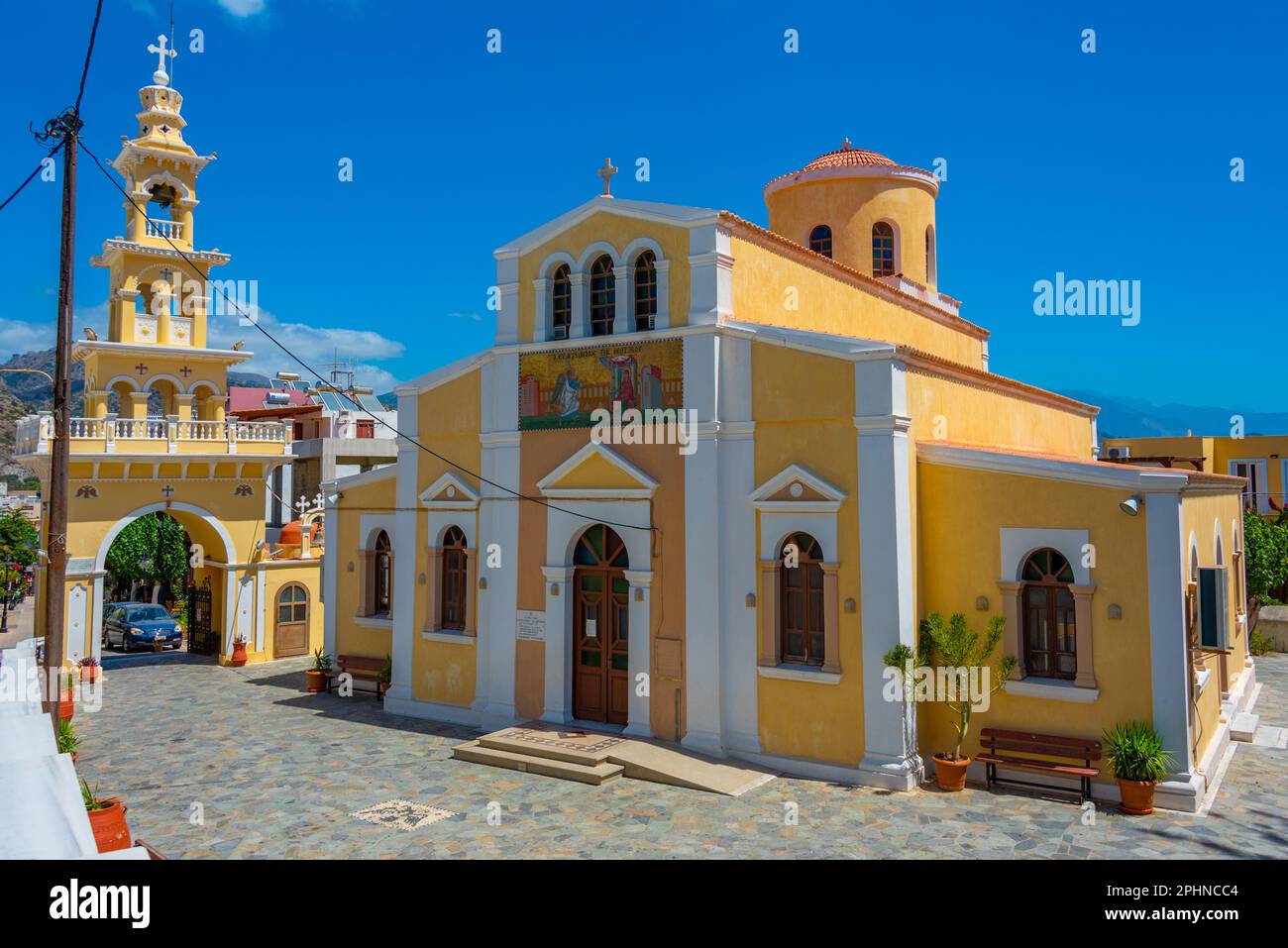 Church of Evangelistria at Greek town Palaiochora at Crete island. Stock Photo