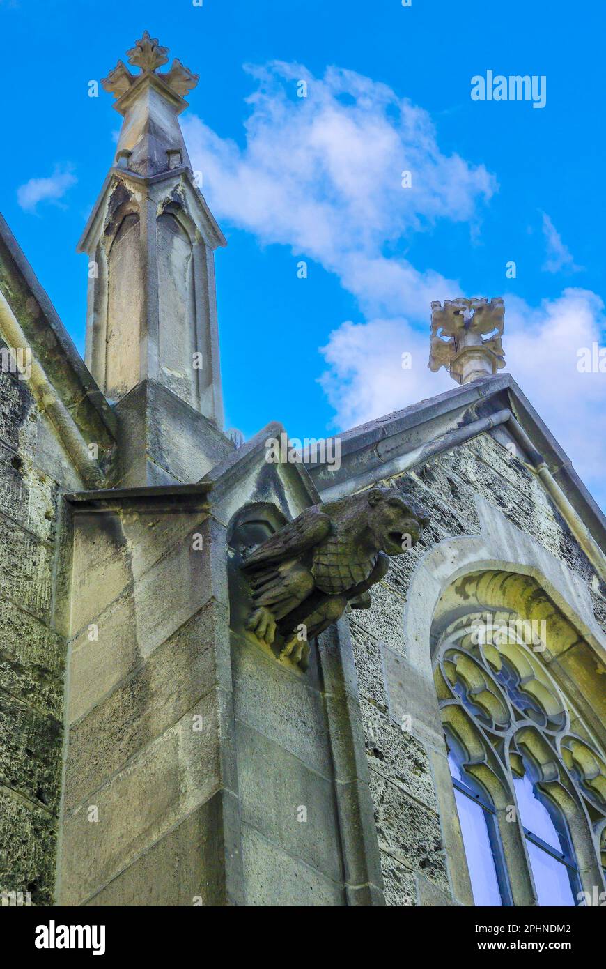 Gothic architectural elements of a church, gargoyle, pinnacle and