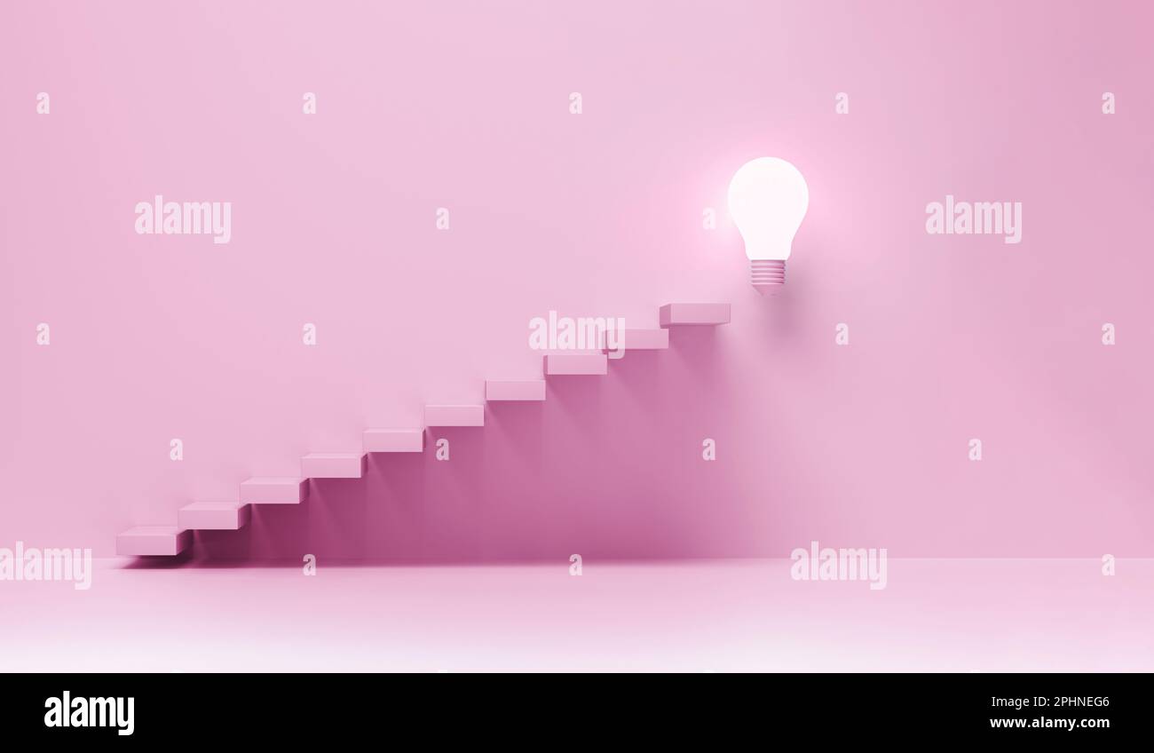 Stairs going upward. Ascending stairs of rising staircase to bulb light. Businesswoman rise, forward achievement, progress way. 3d rendering Stock Photo