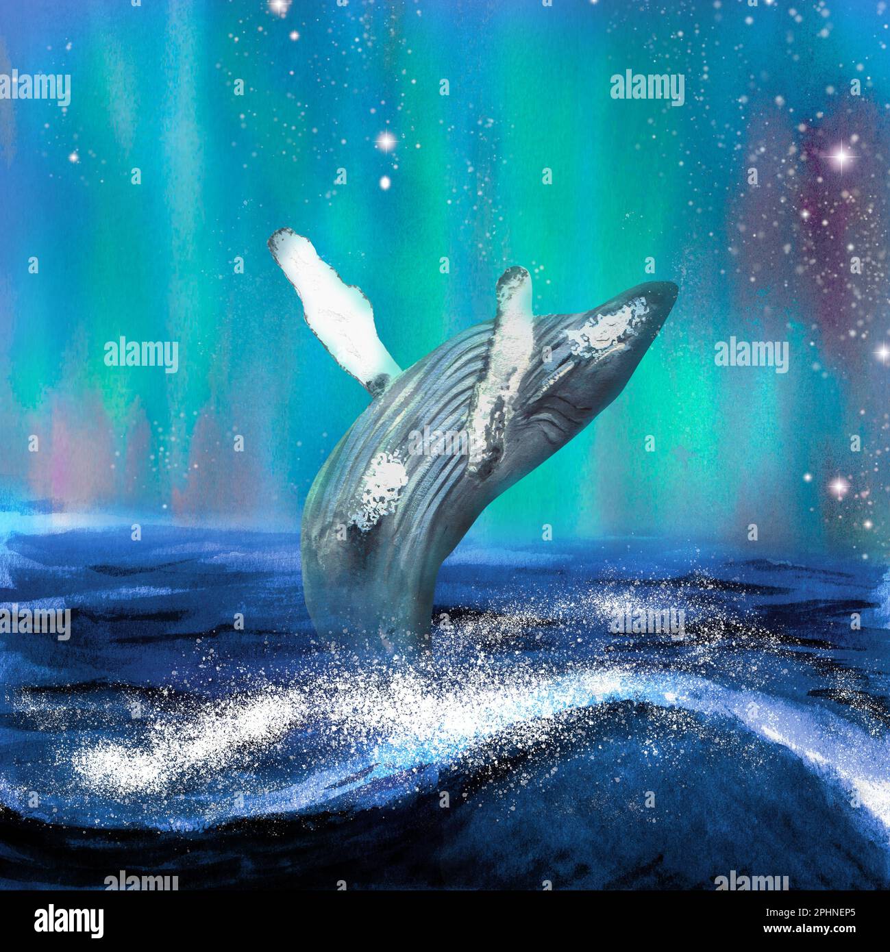 Hand drawn watercolor humpback whale. A part of the big ICELANDIC set ...
