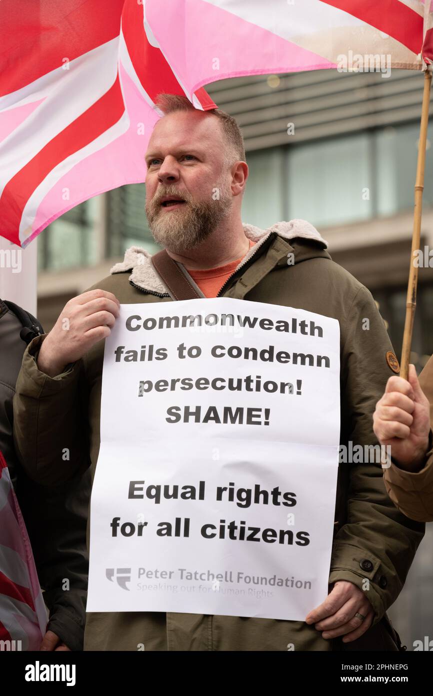 Protest organised by veteran rights activist Peter Tatchell against persecution of LGBT+ people in many Commonwealth nations, as King Charles attends Stock Photo