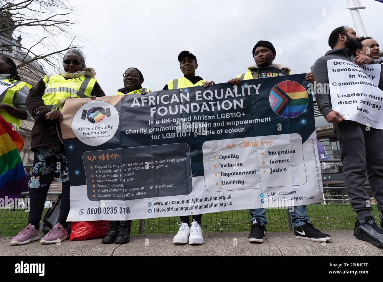 London, UK. 13 March, 2023. African Equality Foundation stage an LGTB+ rights demo outside Westminster Abbey during the Commonwealth Day Service. Stock Photo