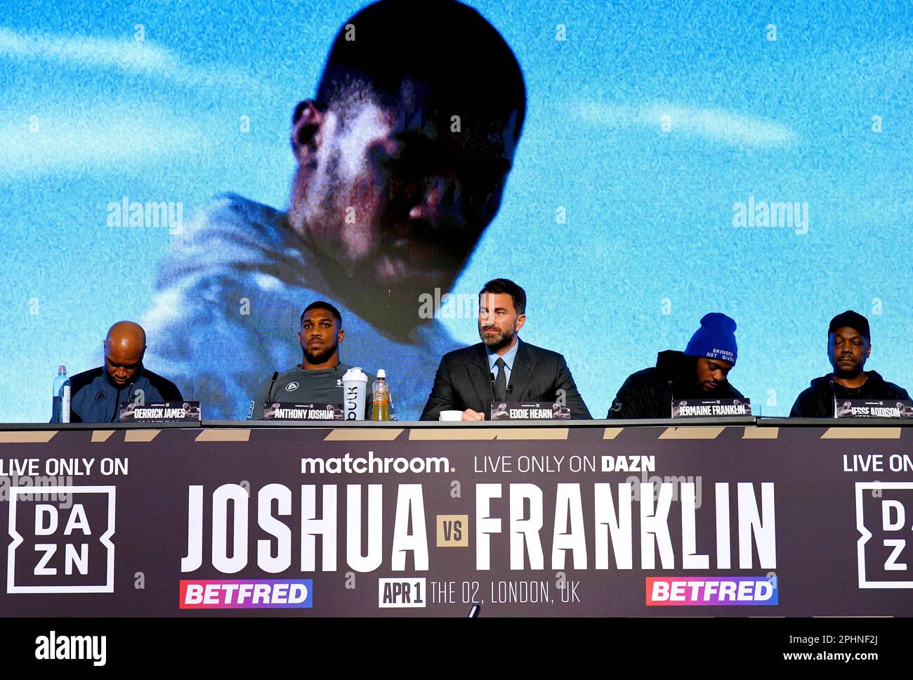 Derrick James, Anthony Joshua, boxing promoter Eddie Hearn, Jermaine Franklin and Jesse Addison during a press conference at Nobu Hotel London Portman Square, London. Picture date: Wednesday March 29, 2023. Stock Photo