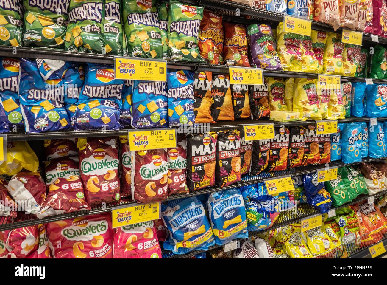Various crisps/Potato chips on a supermarket shelf in Norwich Norfolk