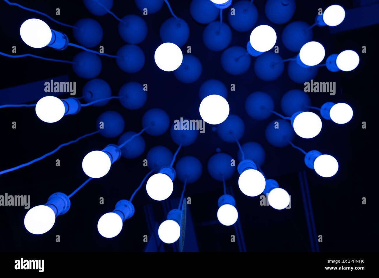 Hanging LED Light Bulbs on Blurred Background, Cold Energy Saving Lamp, Blue Light of Incandescent Lightbulbs Stock Photo