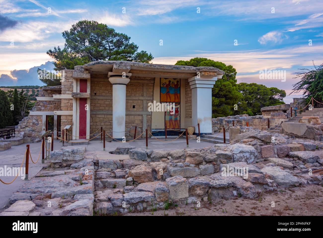 Procession fresco at ruins of Knossos palace in Crete, Greece. Stock Photo