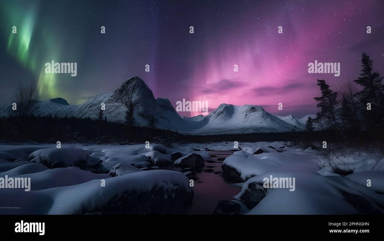 A breathtaking view of the aurora borealis illuminating snow-covered ...